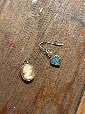 Gold Heart Abalone Drop Earring and Cameo Charm Set - Gold